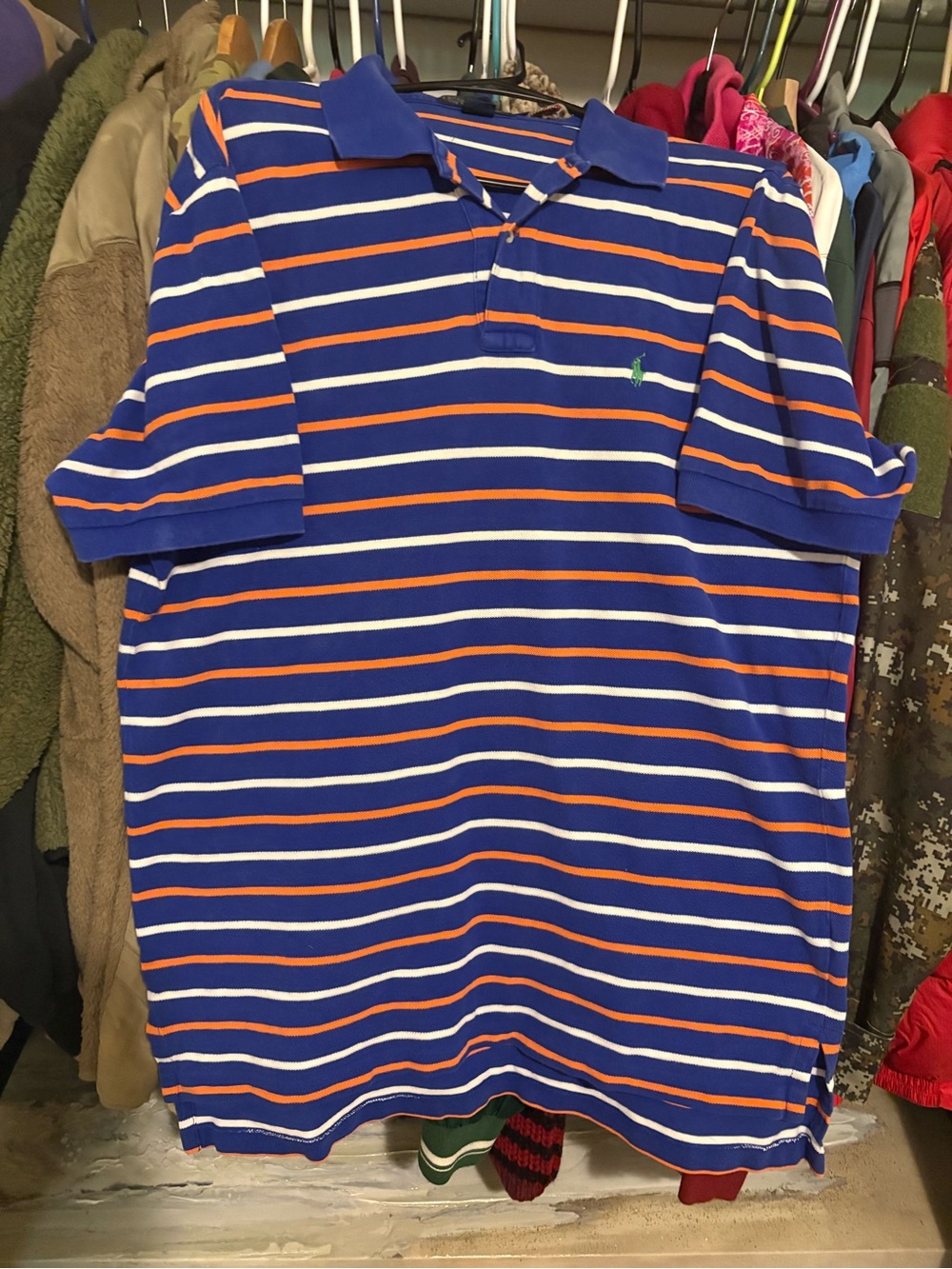 Men’s Ralph Lauren Blue Polo with Orange and White Stripes and Green Pony Logo